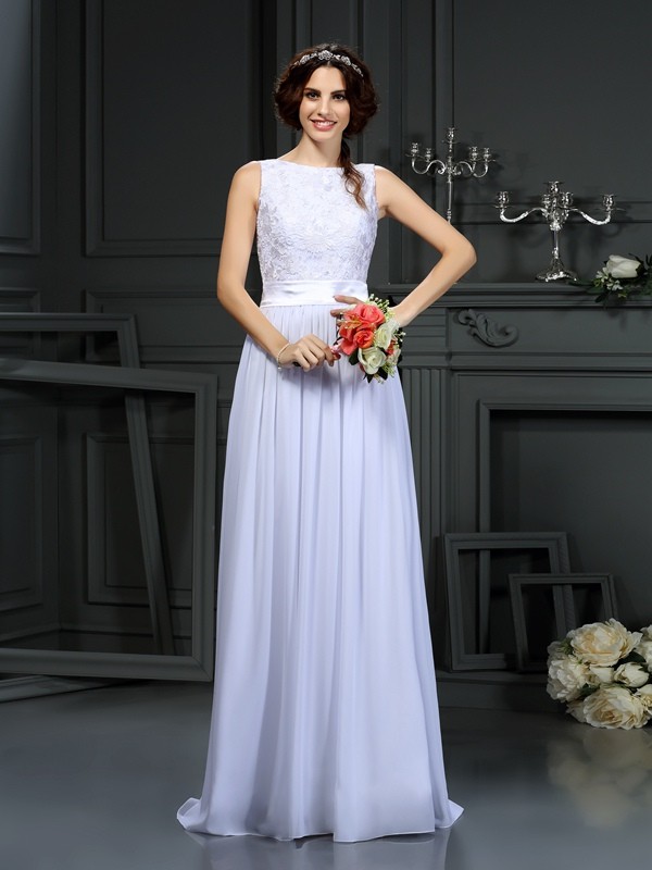 A-Line/Princess Scoop Lace Sleeveless Long Chiffon Wedding Dresses 1800