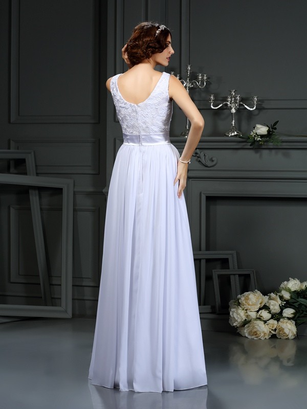 A-Line/Princess Scoop Lace Sleeveless Long Chiffon Wedding Dresses 1800