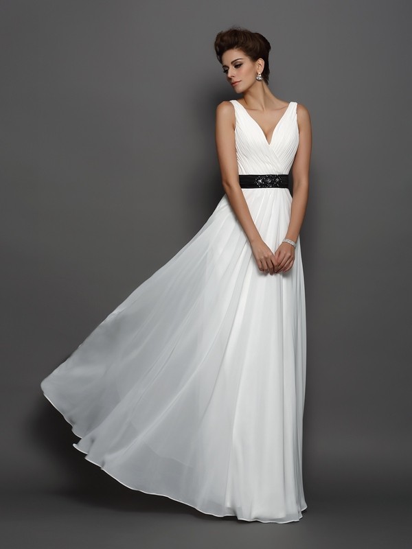 A-Line/Princess V-neck Sash/Ribbon/Belt Sleeveless Long Chiffon Wedding Dresses 1875