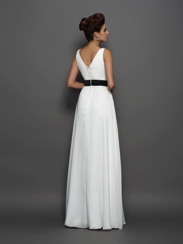 A-Line/Princess V-neck Sash/Ribbon/Belt Sleeveless Long Chiffon Wedding Dresses 1875