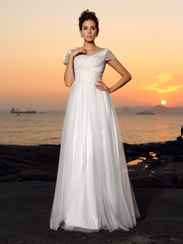 A-Line/Princess Off-the-Shoulder Beading Short Sleeves Long Tulle Beach Wedding Dresses 1790