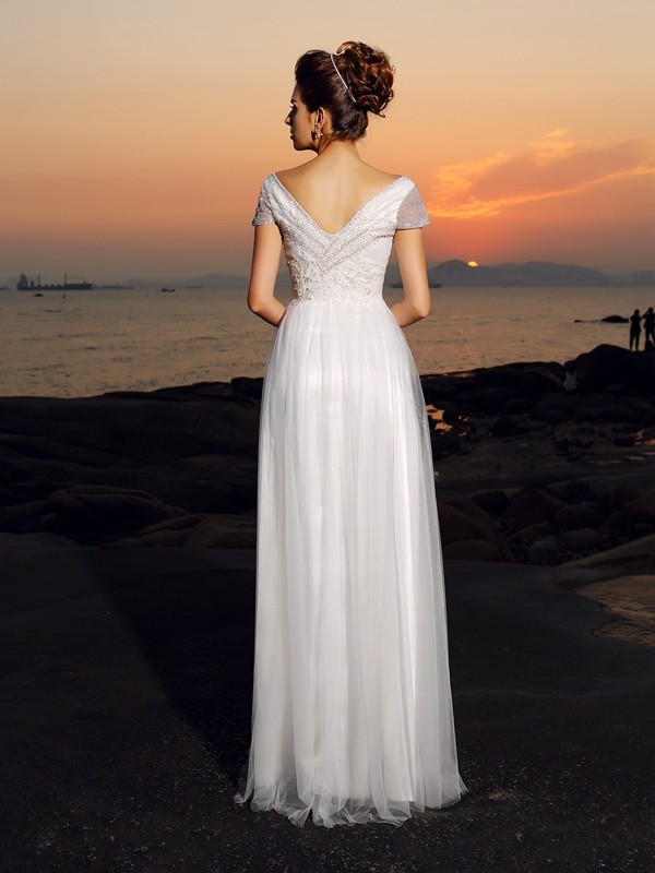 A-Line/Princess Off-the-Shoulder Beading Short Sleeves Long Tulle Beach Wedding Dresses 1790