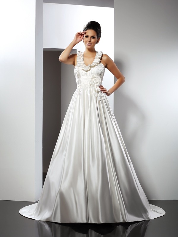 A-Line/Princess Halter Hand-Made Flower Sleeveless Long Satin Wedding Dresses 1779