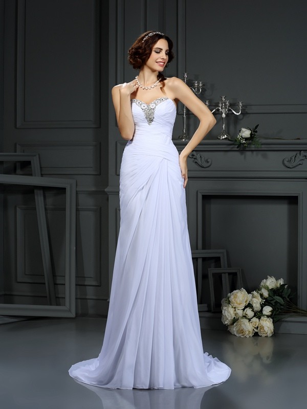 Sheath/Column Sweetheart Beading Sleeveless Long Chiffon Wedding Dresses 1982