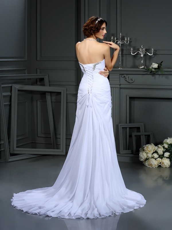 Sheath/Column Sweetheart Beading Sleeveless Long Chiffon Wedding Dresses 1982