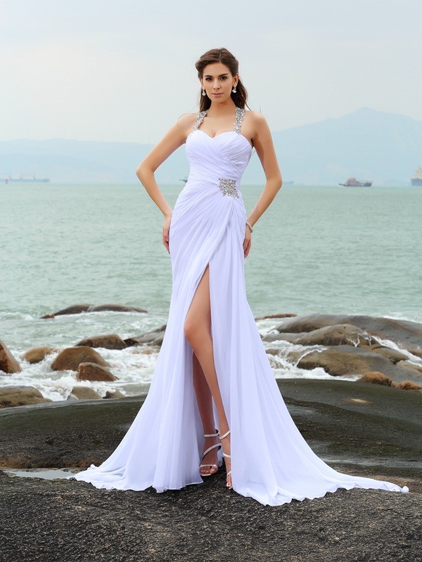 Sheath/Column Straps Beading Sleeveless Long Chiffon Beach Wedding Dresses 1451