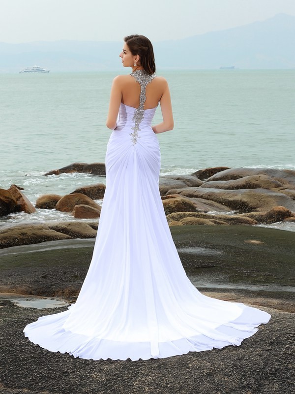 Sheath/Column Straps Beading Sleeveless Long Chiffon Beach Wedding Dresses 1451