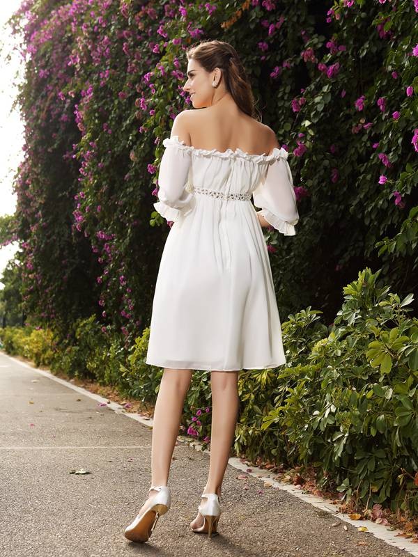 A-Line/Princess Off-the-Shoulder Beading 1/2 Sleeves Short Chiffon Wedding Dresses 1789