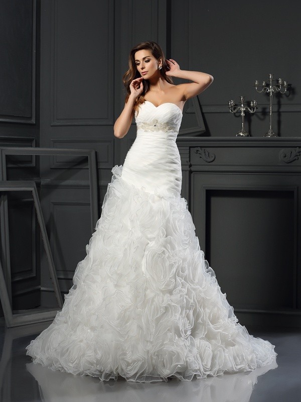 A-Line/Princess Sweetheart Beading Sleeveless Long Organza Wedding Dresses 1837