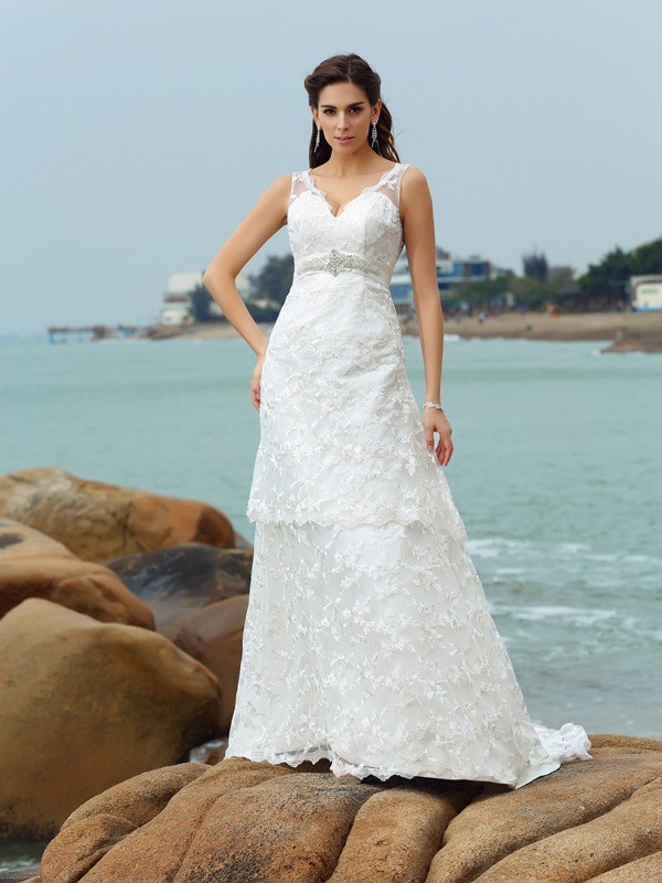 A-Line/Princess Straps Applique Sleeveless Long Satin Beach Wedding Dresses 1821