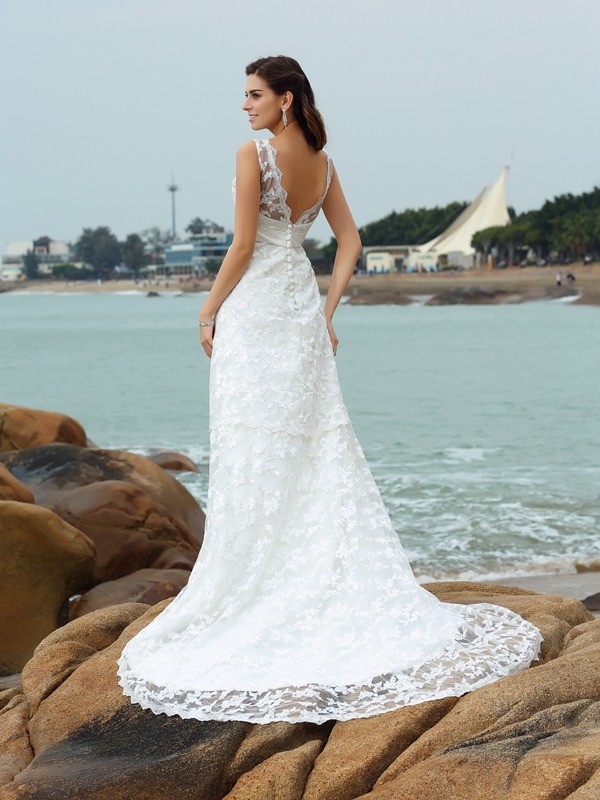 A-Line/Princess Straps Applique Sleeveless Long Satin Beach Wedding Dresses 1821