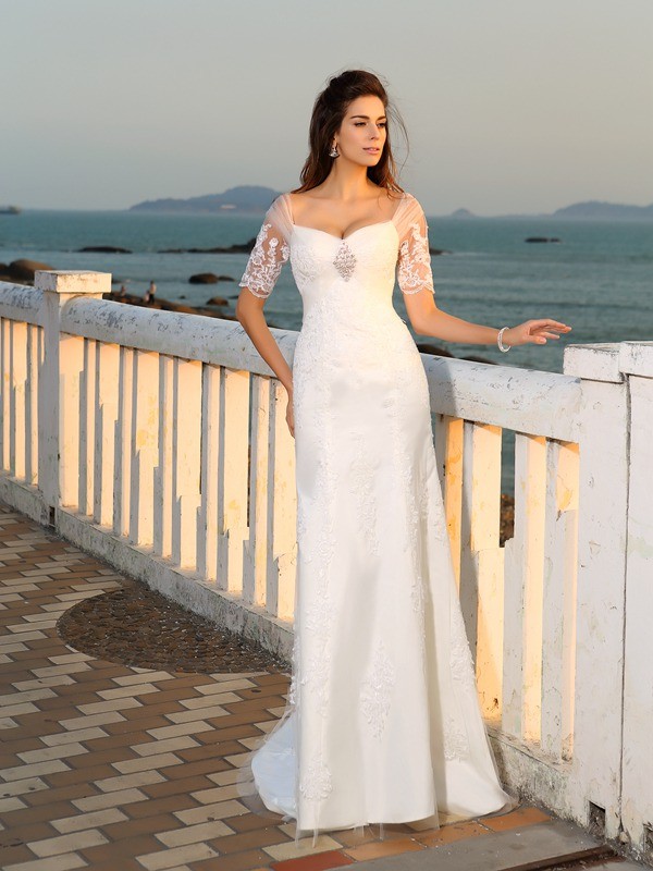 Sheath/Column Sweetheart Applique Short Sleeves Long Satin Beach Wedding Dresses 1977