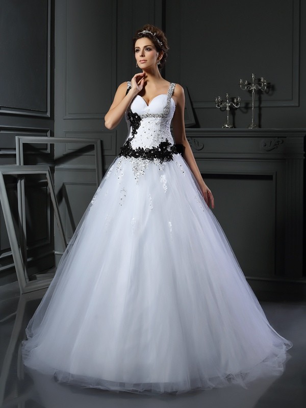 Ball Gown Straps Beading Sleeveless Long Tulle Wedding Dresses 1928