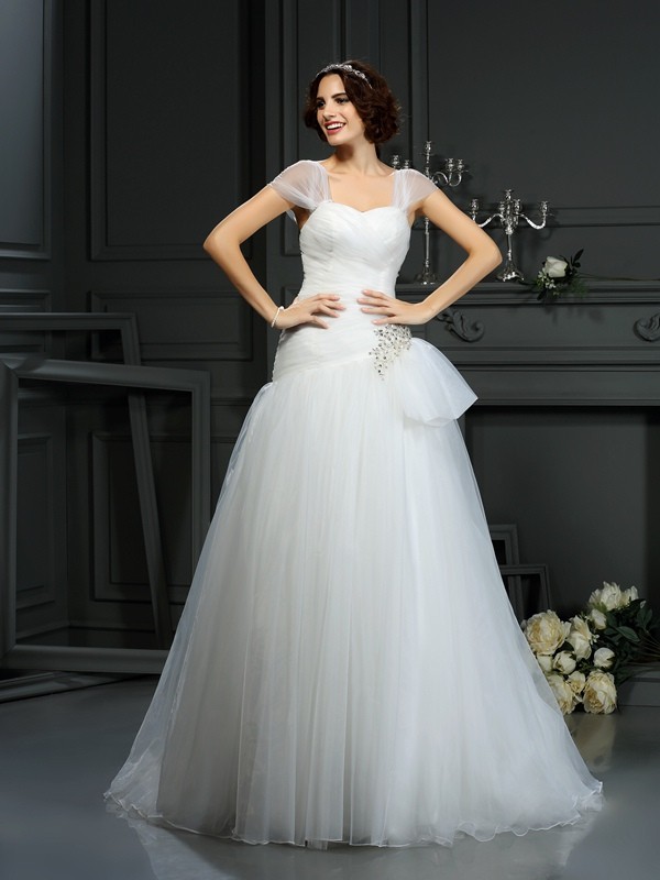 A-Line/Princess Sweetheart Beading Sleeveless Long Organza Wedding Dresses 2061