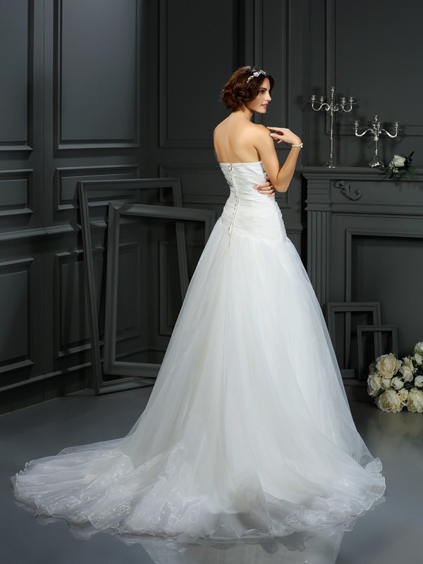 A-Line/Princess Sweetheart Beading Sleeveless Long Organza Wedding Dresses 2061