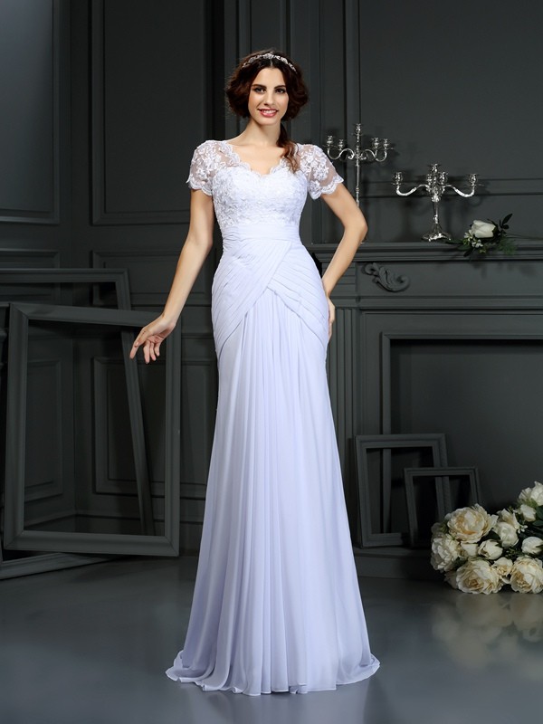 Sheath/Column V-neck Lace Short Sleeves Long Chiffon Wedding Dresses 1536