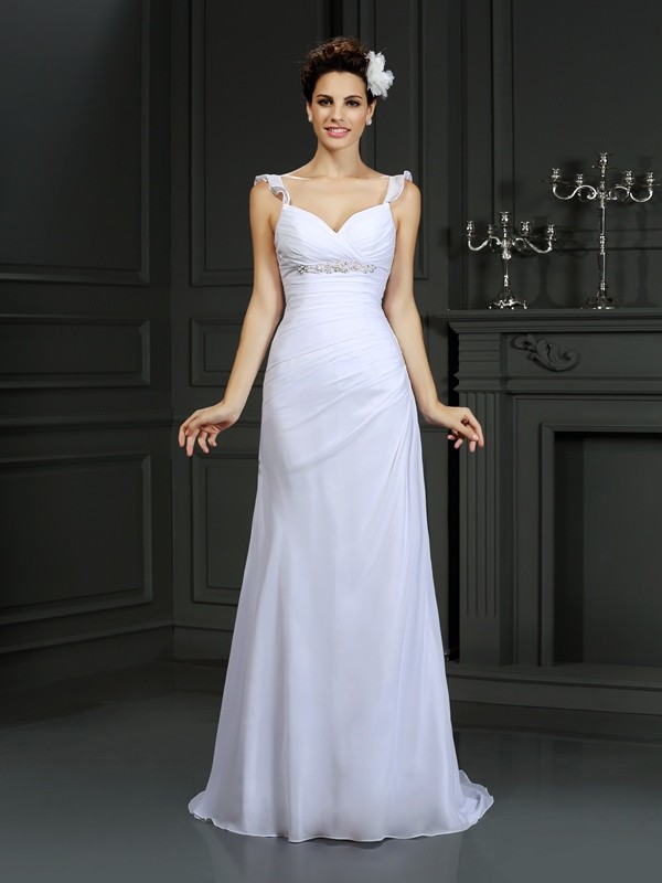 Trumpet/Mermaid Straps Beading Sleeveless Long Chiffon Wedding Dresses 2021