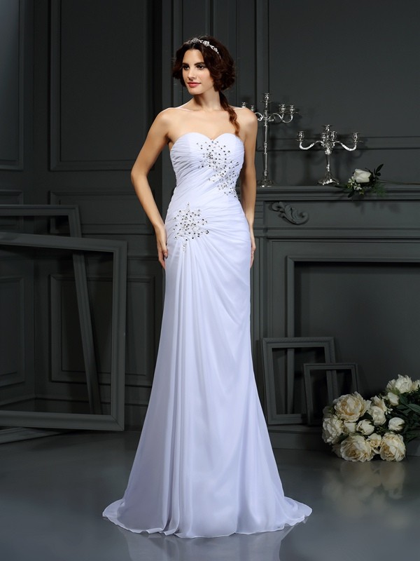 Sheath/Column Sweetheart Beading Sleeveless Long Chiffon Wedding Dresses 1983