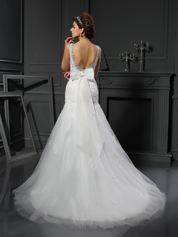 Sheath/Column Scoop Applique Sleeveless Long Net Wedding Dresses 1963