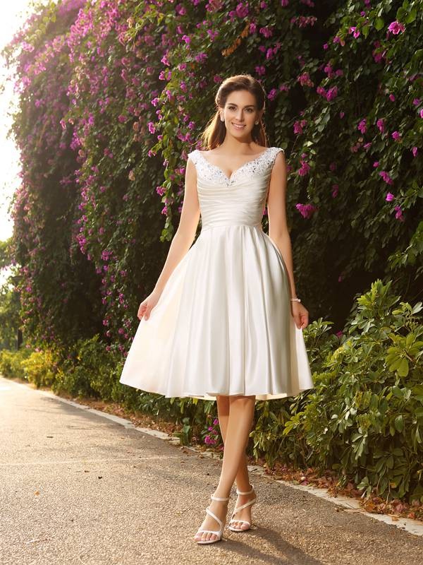 A-Line/Princess V-neck Beading Sleeveless Short Satin Wedding Dresses 1869