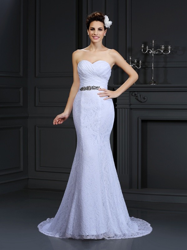 Trumpet/Mermaid Sweetheart Sleeveless Long Lace Wedding Dresses 2041