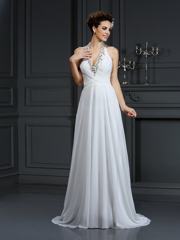 A-Line/Princess Halter Beading Sleeveless Long Chiffon Wedding Dresses 1778