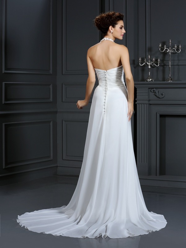 A-Line/Princess Halter Beading Sleeveless Long Chiffon Wedding Dresses 1778