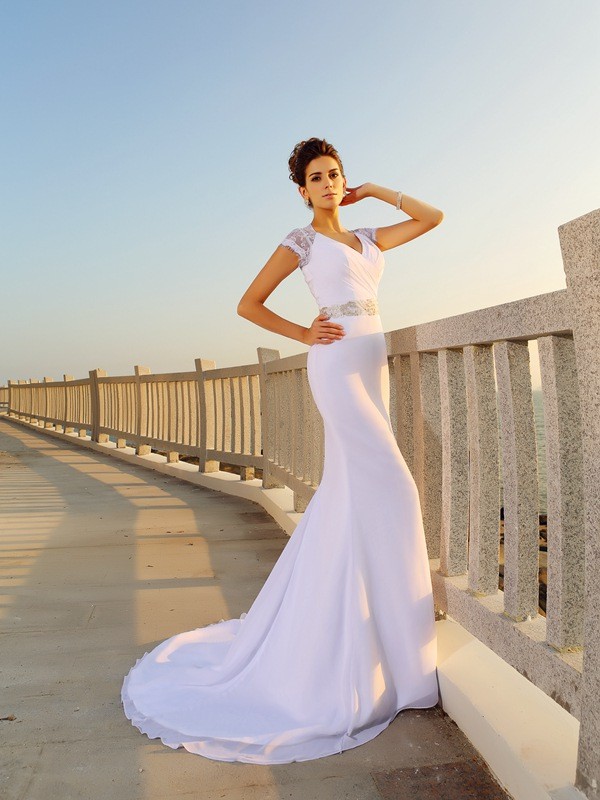 Sheath/Column V-neck Beading Sleeveless Long Chiffon Beach Wedding Dresses 1987