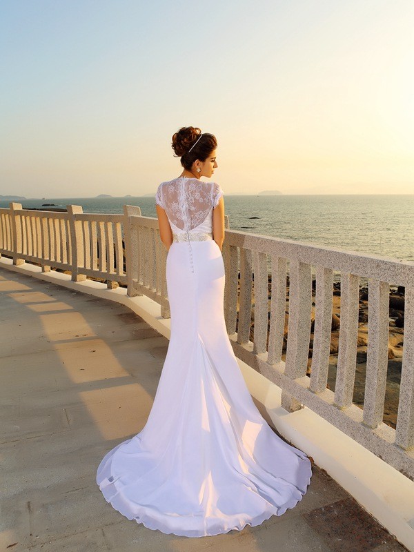 Sheath/Column V-neck Beading Sleeveless Long Chiffon Beach Wedding Dresses 1987