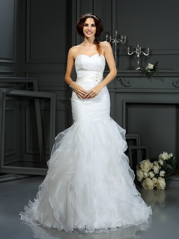 Trumpet/Mermaid Sweetheart Beading Sleeveless Long Organza Wedding Dresses 2032