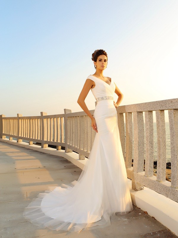 Sheath/Column V-neck Pleats Sleeveless Long Net Beach Wedding Dresses 1539