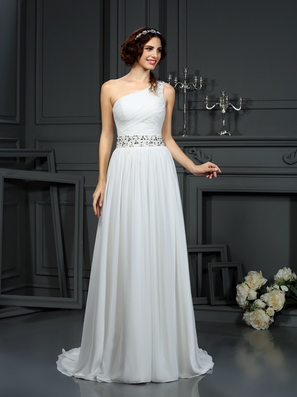 A-Line/Princess One-Shoulder Beading Sleeveless Long Chiffon Wedding Dresses 1795