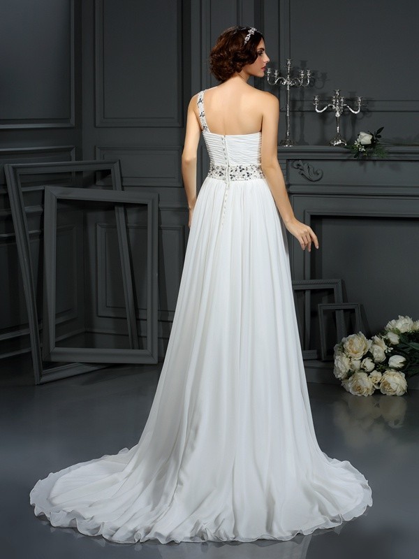 A-Line/Princess One-Shoulder Beading Sleeveless Long Chiffon Wedding Dresses 1795