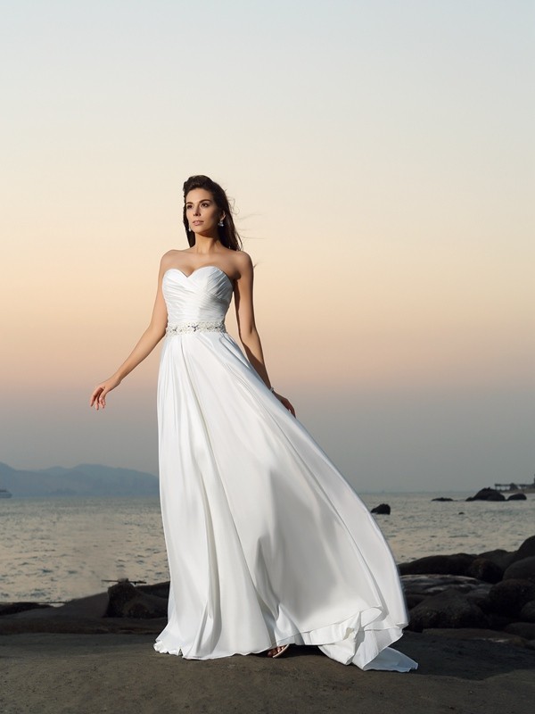 A-Line/Princess Sweetheart Beading Sleeveless Long Taffeta Beach Wedding Dresses 1839