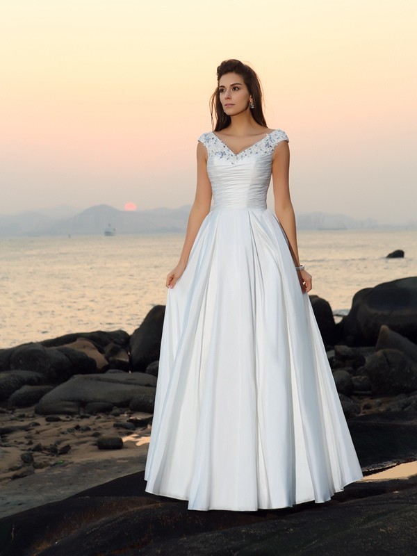 A-Line/Princess V-neck Beading Sleeveless Long Taffeta Beach Wedding Dresses 1127