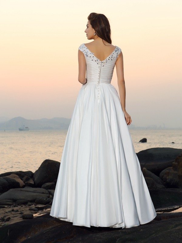 A-Line/Princess V-neck Beading Sleeveless Long Taffeta Beach Wedding Dresses 1127