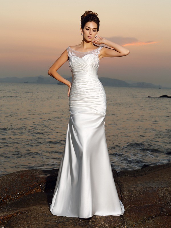 Trumpet/Mermaid Scoop Beading Sleeveless Long Satin Beach Wedding Dresses 2007