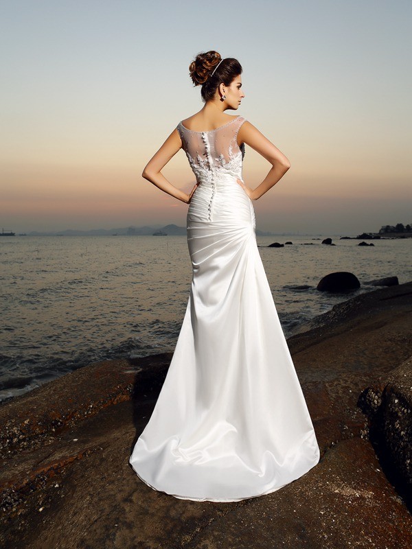 Trumpet/Mermaid Scoop Beading Sleeveless Long Satin Beach Wedding Dresses 2007