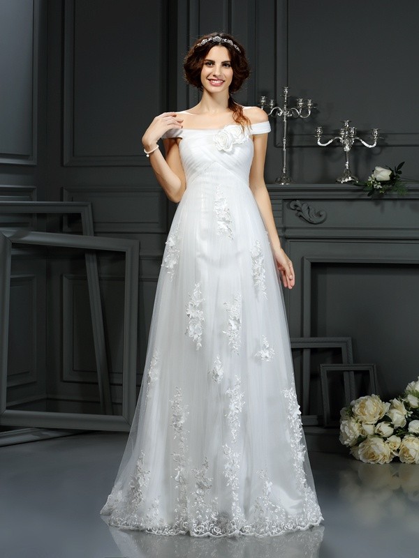 A-Line/Princess Off-the-Shoulder Applique Sleeveless Long Net Wedding Dresses 1788