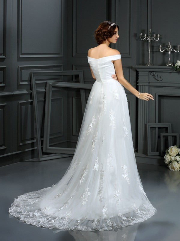 A-Line/Princess Off-the-Shoulder Applique Sleeveless Long Net Wedding Dresses 1788