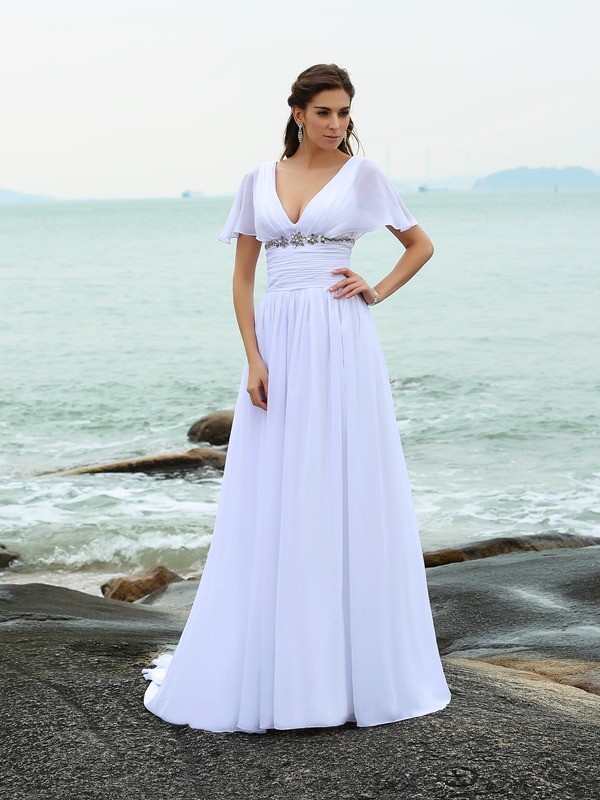 A-Line/Princess V-neck Ruffles Short Sleeves Long Chiffon Beach Wedding Dresses 1140