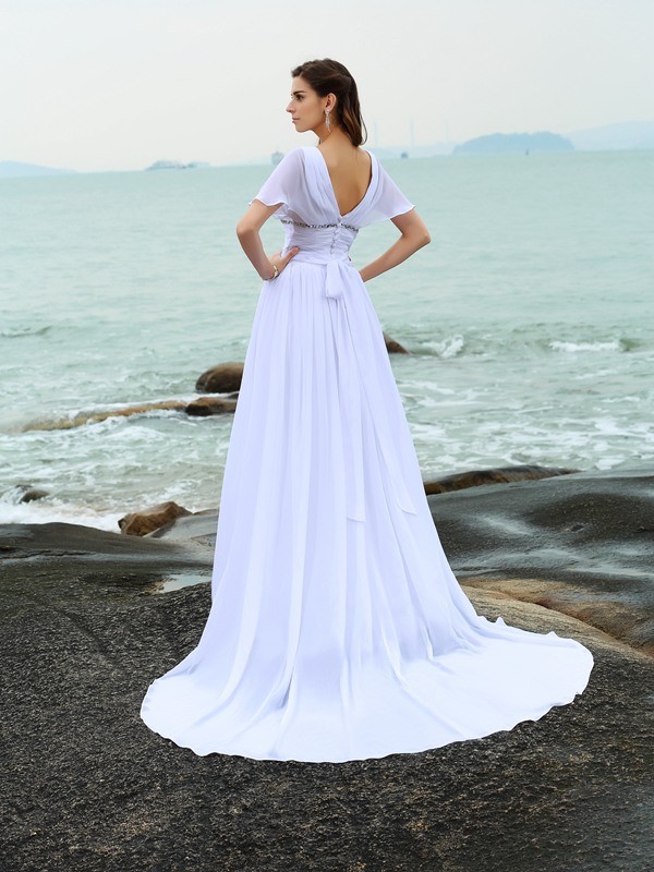 A-Line/Princess V-neck Ruffles Short Sleeves Long Chiffon Beach Wedding Dresses 1140