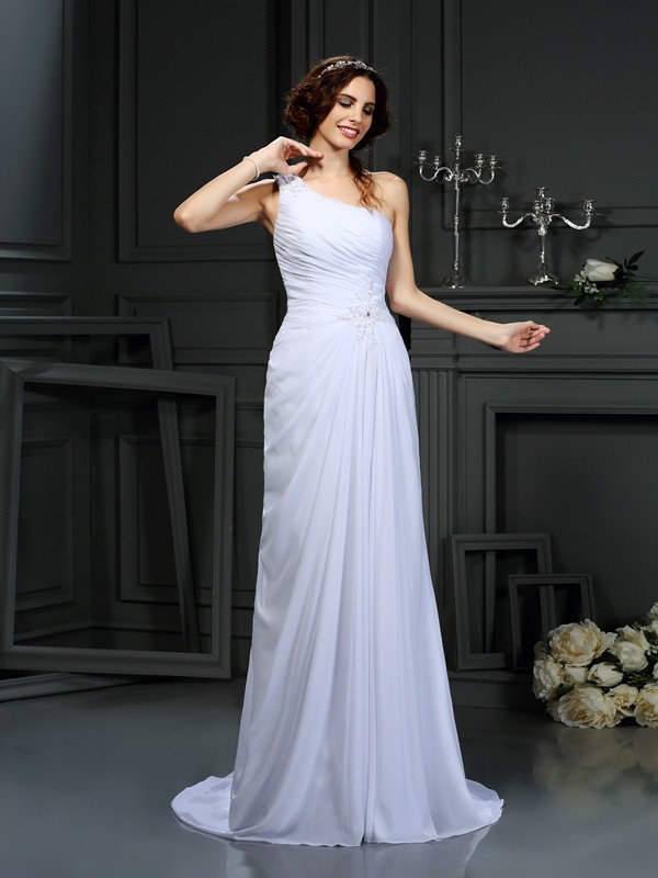 A-Line/Princess One-Shoulder Pleats Sleeveless Long Chiffon Wedding Dresses 1796