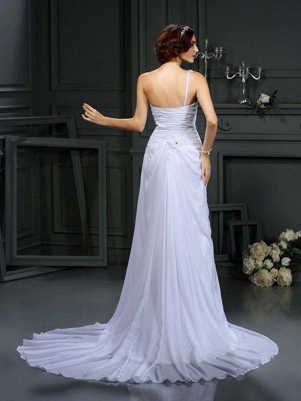 A-Line/Princess One-Shoulder Pleats Sleeveless Long Chiffon Wedding Dresses 1796