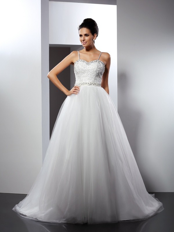 A-Line/Princess Spaghetti Straps Beading Sleeveless Long Tulle Wedding Dresses 1810