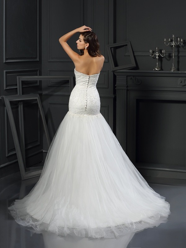 Trumpet/Mermaid Sweetheart Applique Sleeveless Long Tulle Wedding Dresses 2027