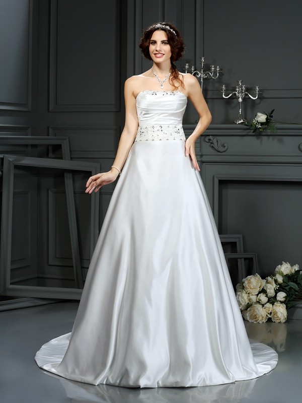 A-Line/Princess Strapless Beading Sleeveless Long Satin Wedding Dresses 1813