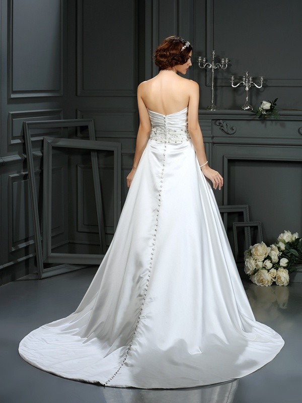 A-Line/Princess Strapless Beading Sleeveless Long Satin Wedding Dresses 1813