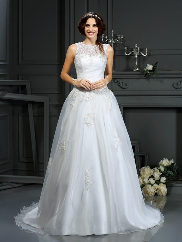 A-Line/Princess Scoop Applique Sleeveless Long Net Wedding Dresses 1799