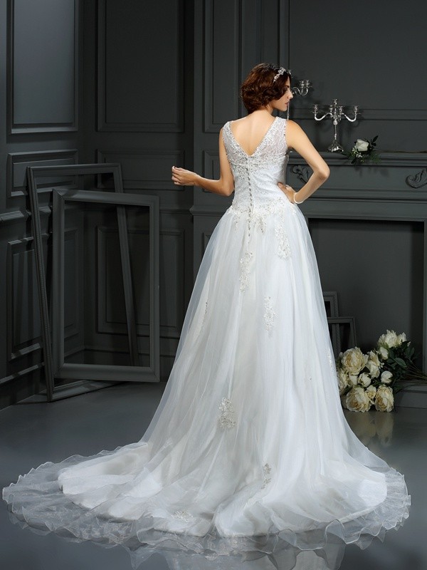 A-Line/Princess Scoop Applique Sleeveless Long Net Wedding Dresses 1799